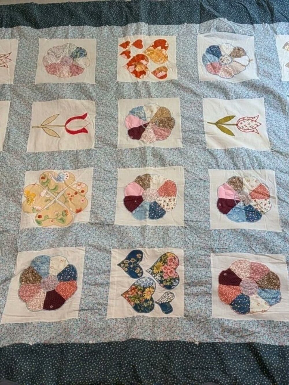Vintage Blue Wreath/Floral Patchwork Tied Quilt FOR REPAIR And Parts 72-84"